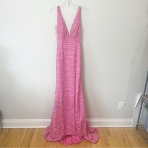 Jovani Royal V Neck Fitted Gown Dresss Hot Pink Metallic Shimmer Prom Wedding
